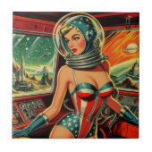 Retro Astronaut Meisje Tegeltje (Voorkant)