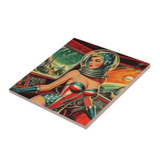 Retro Astronaut Meisje Tegeltje (Zijkant)