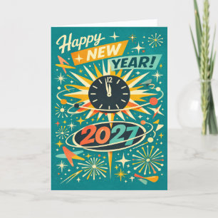 Retro Atomair Mid Century Gelukkig Nieuwjaar 2027 Feestdagen Kaart