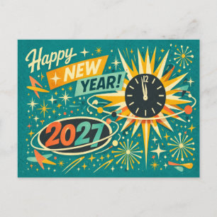 Retro Atomair Mid Century Gelukkig Nieuwjaar 2027 Feestdagenkaart