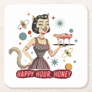 Retro Atomcat Pin-Up   "Happy Hour, Honey" Mid- Kartonnen Onderzetters