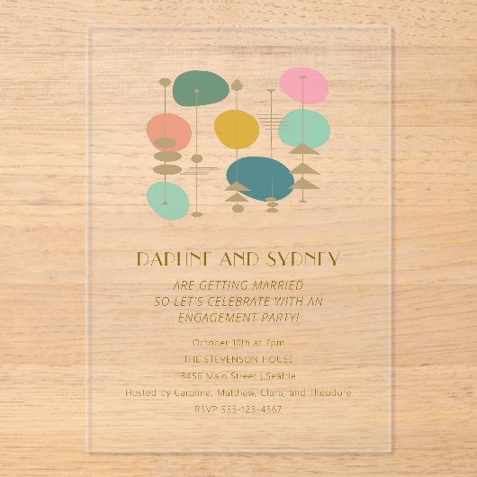Retro Atomic Age Mid Century Mod Engagement Party Acryl Uitnodigingen (Voorkant)
