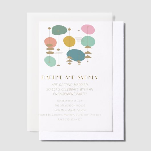 Retro Atomic Age Mid Century Mod Engagement Party Vellum Uitnodigingen (Offset)