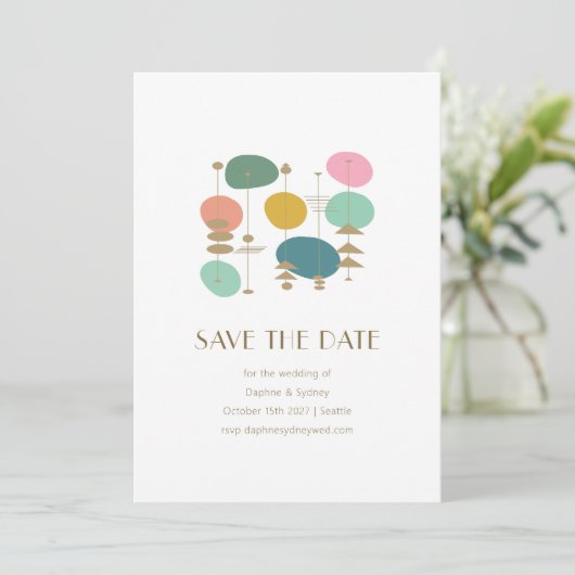 Retro Atomic Age Mid Century Moderne Chique Bruilo Save The Date (Staand voorkant)