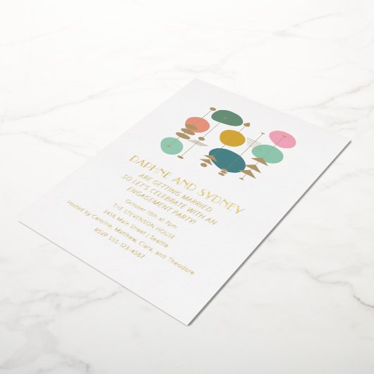 Retro Atomic Age Mid Mod Engagement Party Gold Folie Uitnodiging (Gedraaid)