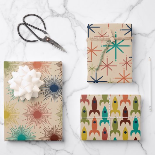 Retro Atomic Age Midcentury Mod Suns Stars Rakette Inpakpapier Vel (Voorkant)