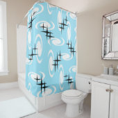 Retro Atomic Age Swirls Stars Patroon Baby Blue Douchegordijn (In situ)