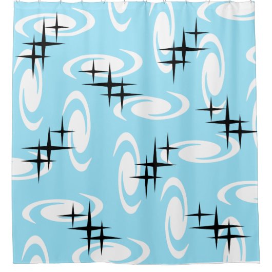 Retro Atomic Age Swirls Stars Patroon Baby Blue Douchegordijn (Voorkant)