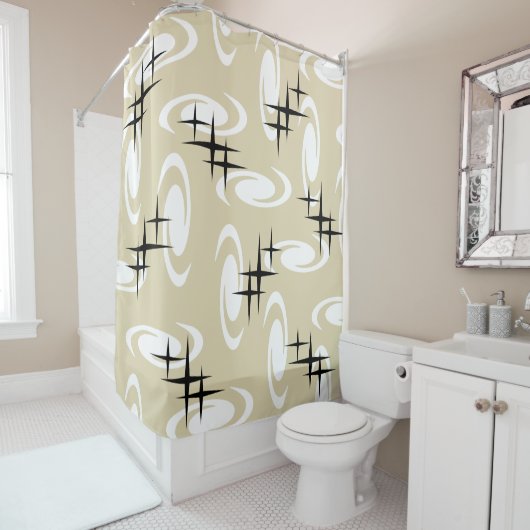 Retro Atomic Age Swirls Stars Pattern Beige Douchegordijn (In situ)