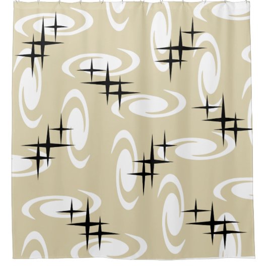 Retro Atomic Age Swirls Stars Pattern Beige Douchegordijn (Voorkant)