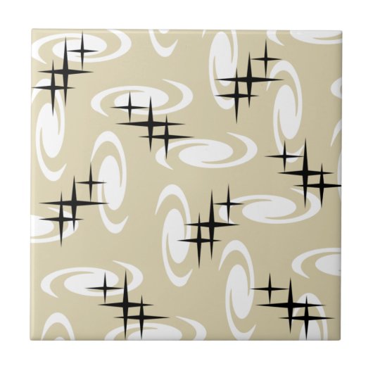 Retro Atomic Age Swirls Stars Pattern Beige Tegeltje (Voorkant)