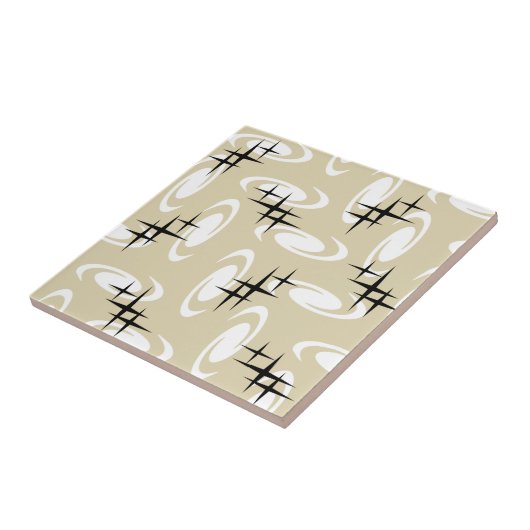 Retro Atomic Age Swirls Stars Pattern Beige Tegeltje (Zijkant)