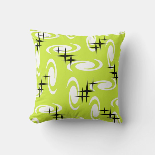 Retro Atomic Age Swirls Stars Pattern Chartreuse Kussen (Voorkant)