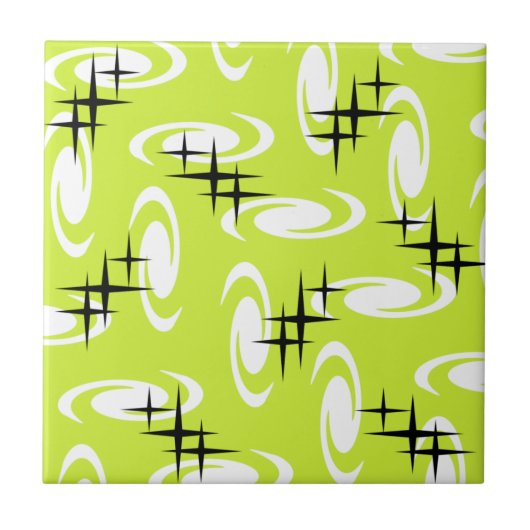 Retro Atomic Age Swirls Stars Pattern Chartreuse Tegeltje (Voorkant)