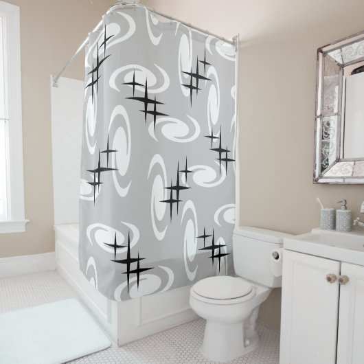 Retro Atomic Age Swirls Stars Pattern Light Grey Douchegordijn (In situ)