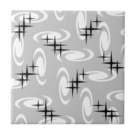 Retro Atomic Age Swirls Stars Pattern Light Grey Tegeltje (Voorkant)