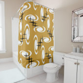 Retro Atomic Age Swirls Stars Pattern Ochre Douchegordijn (In situ)