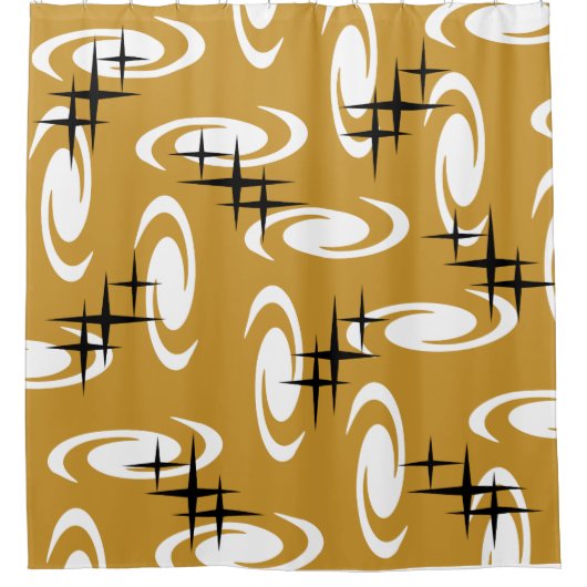Retro Atomic Age Swirls Stars Pattern Ochre Douchegordijn (Voorkant)