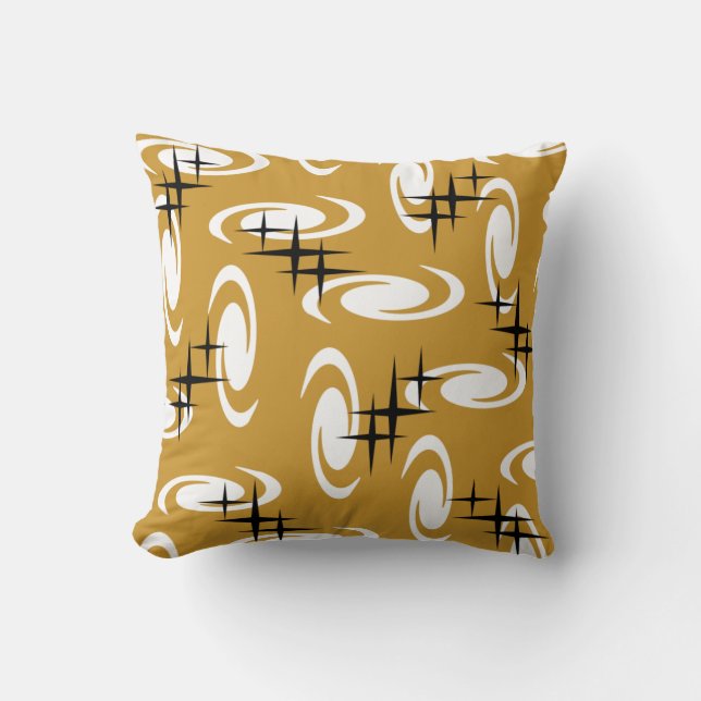 Retro Atomic Age Swirls Stars Pattern Ochre Kussen (Voorkant)
