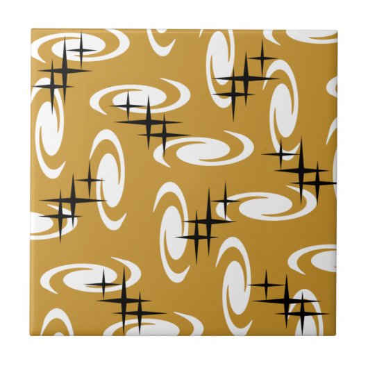 Retro Atomic Age Swirls Stars Pattern Ochre Tegeltje (Voorkant)