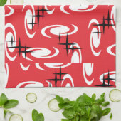 Retro Atomic Age Swirls Stars Pattern Red Theedoek (Gevouwen)