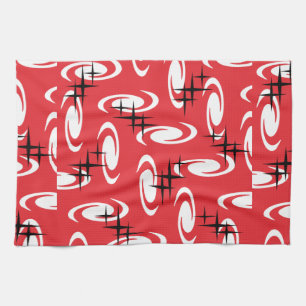 Retro Atomic Age Swirls Stars Pattern Red Theedoek