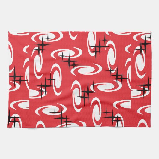 Retro Atomic Age Swirls Stars Pattern Red Theedoek (Horizontaal)