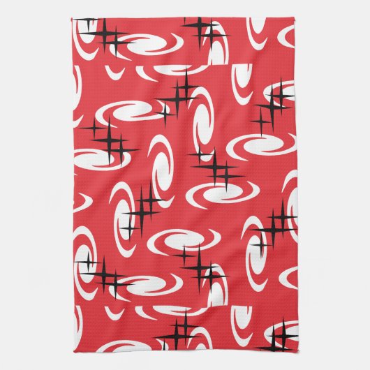 Retro Atomic Age Swirls Stars Pattern Red Theedoek (Verticaal)