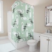 Retro Atomic Age Swirls Stars Pattern Sage Green Douchegordijn (In situ)