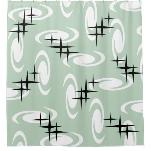 Retro Atomic Age Swirls Stars Pattern Sage Green Douchegordijn (Voorkant)