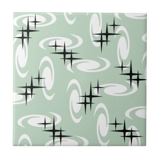 Retro Atomic Age Swirls Stars Pattern Sage Green Tegeltje (Voorkant)