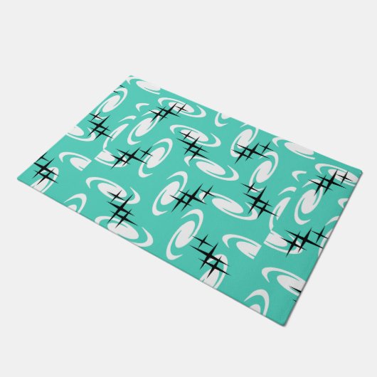 Retro Atomic Age Swirls Stars Pattern Turquoise Deurmat (Schuin)