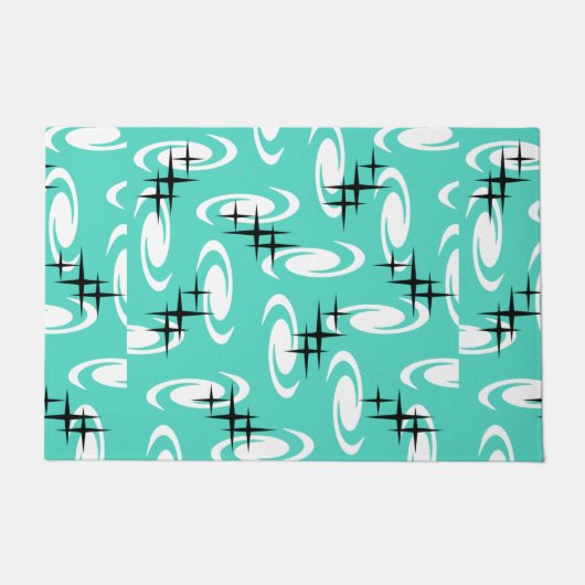 Retro Atomic Age Swirls Stars Pattern Turquoise Deurmat (Voorkant)