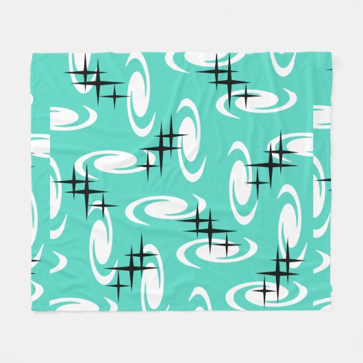 Retro Atomic Age Swirls Stars Pattern Turquoise Fleece Deken (Voorkant (Horizontaal))