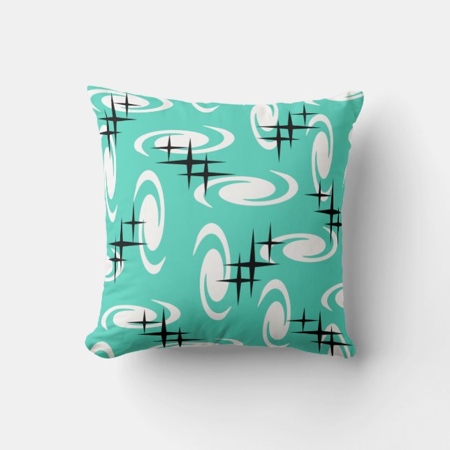 Retro Atomic Age Swirls Stars Pattern Turquoise Kussen (Voorkant)