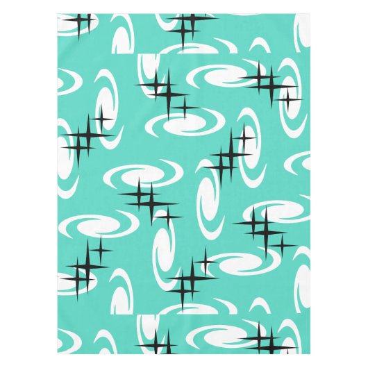 Retro Atomic Age Swirls Stars Pattern Turquoise Tafelkleed (Voorkant)