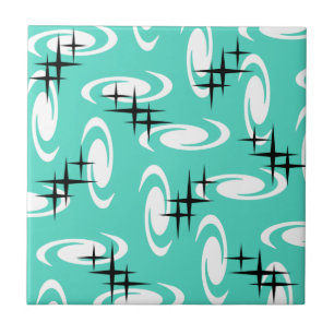 Retro Atomic Age Swirls Stars Pattern Turquoise Tegeltje