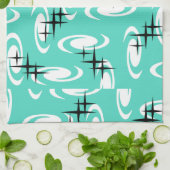 Retro Atomic Age Swirls Stars Pattern Turquoise Theedoek (Gevouwen)