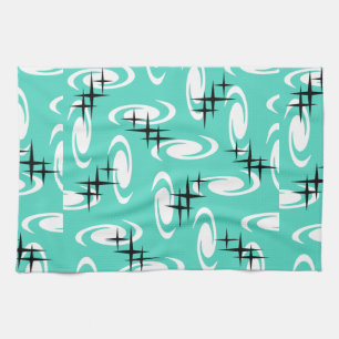 Retro Atomic Age Swirls Stars Pattern Turquoise Theedoek
