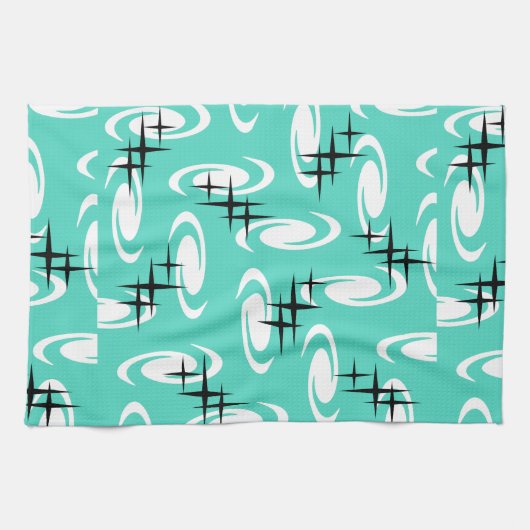 Retro Atomic Age Swirls Stars Pattern Turquoise Theedoek (Horizontaal)