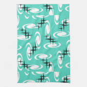 Retro Atomic Age Swirls Stars Pattern Turquoise Theedoek (Verticaal)