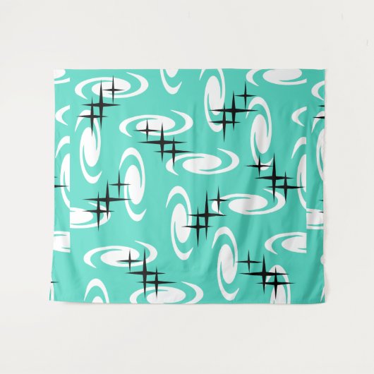 Retro Atomic Age Swirls Stars Pattern Turquoise Wandkleed (Voorkant (horizontaal))