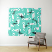 Retro Atomic Age Swirls Stars Pattern Turquoise Wandkleed (In Situ (horizontaal))