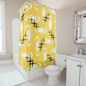 Retro Atomic Age Swirls Stars Pattern Yellow Douchegordijn (In situ)