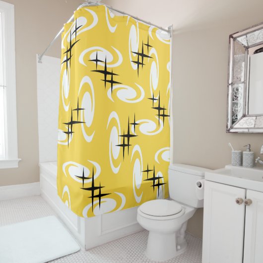 Retro Atomic Age Swirls Stars Pattern Yellow Douchegordijn (In situ)