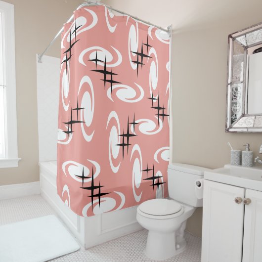 Retro Atomic Age Swirls Stars Pattern zalmroze Douchegordijn (In situ)
