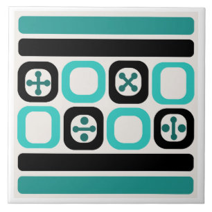 Retro Atomic Art Vierkantjes Lijnen Turquoise Tegeltje