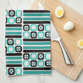 Retro Atomic Art Vierkantjes Lijnen Turquoise Theedoek (Quarter Fold)