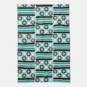 Retro Atomic Art Vierkantjes Lijnen Turquoise Theedoek (Verticaal)