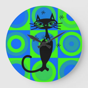 RETRO ATOMIC BLACK CAT CLOCK GROTE KLOK